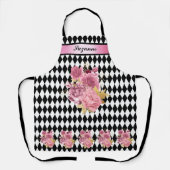Tablier Arlequin noir blanc avec fleur rose et nom (Recto)