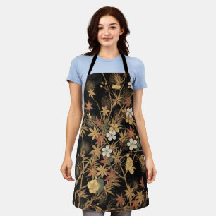 Tablier Art floral automnal noir doré vintage japonais