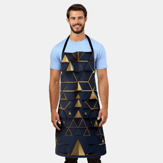 Tablier Art pyramidal bleu foncé et or (Porté)