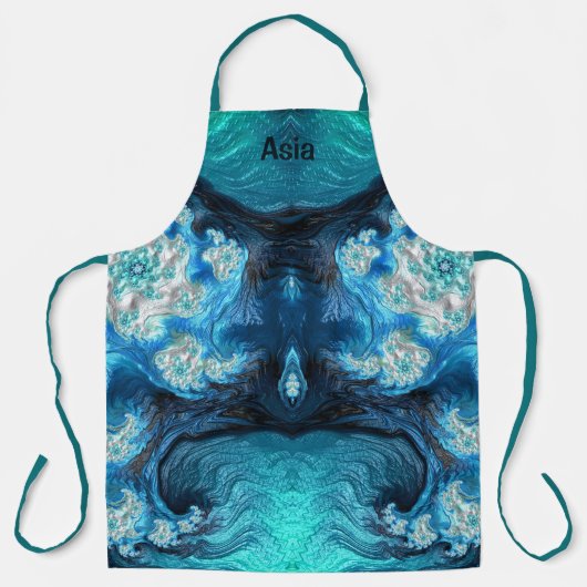 Tablier ASIE ~ ABSTRAIT FRACTAL Bleu Aqua Blanc ~ (Recto)
