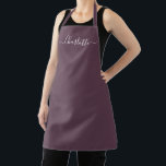 Tablier Aubergine girly violet script personnalisé monogra<br><div class="desc">Aubergine personnalisée violet script moderne nom texte monogramme uni couleur unie girly élégant chic aubergine violet et blanc texte cuisine tablier. Personnalisez-le avec un nom, une citation, une phrase ou un texte. Idéal pour les cuisiniers, les chefs, la poterie, la céramique, les travaux manuels, le travail, la cuisine, la pâtisserie,...</div>
