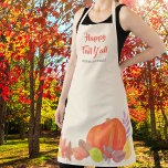 Tablier Automne Citrouille Feuilles Happy Fall Nom de fami<br><div class="desc">Joyeux tablier automne Y'all aux couleurs de l'automne. Décoré de feuilles de chute d'aquarelle et d'un citrouille orange. Customisez cet tablier avec votre nom et vos mots. Aquarelle originale © Michele Davies.</div>