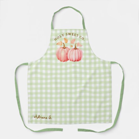 Tablier Automne Citrouille rose et vert En vichy Chef pâti (Recto)