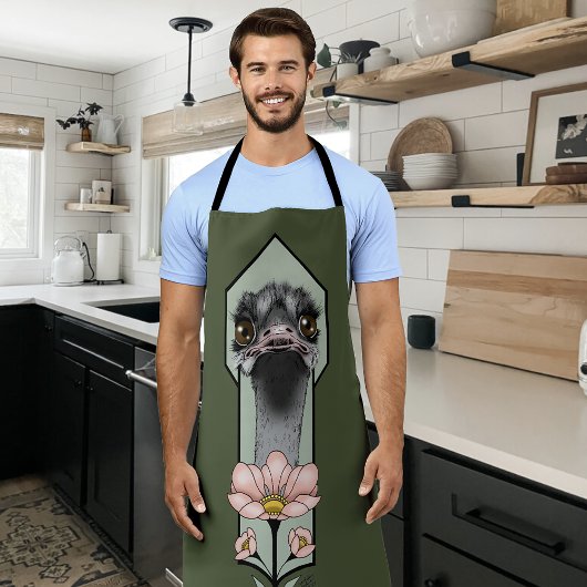 Tablier Autruche Rose Fleurs Vert Olive Art Déco