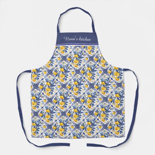 Tablier Avec texte 🍋 Lemon Azulejo avec éléments bleus (Recto)