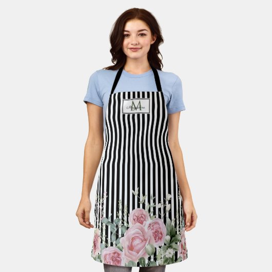 Tablier Bande noire botanique Nom du script Monogramme (Porté)