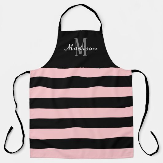 Tablier Bandes noires roses Nom du script du monogramme (Recto)