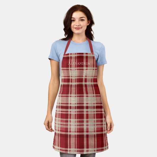Tablier Bandes Plaid Crème Rouge (Porté)