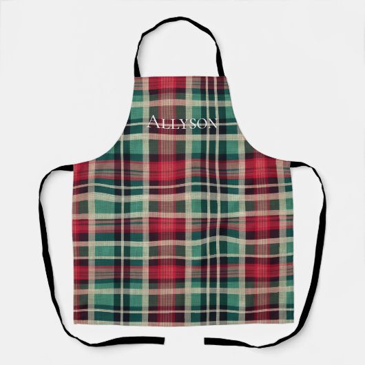 Tablier Bandes Plaid Vert Crème Rouge (Recto)