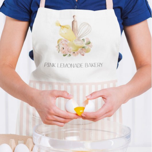 Tablier Bandes roses et blanches Logo personnalisé Pâtisse