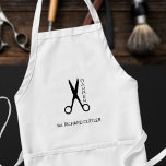 Tablier Barbiers nom et logo barbier noir et blanc<br><div class="desc">Tablier de barbier personnalisé avec ciseaux noirs et logo de script (vous pouvez le remplacer par le vôtre !) et avec le nom du barbier.</div>