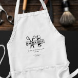 Tablier Barbiers nom et logo barbier salon moderne<br><div class="desc">Tablier de salon de coiffure personnalisé avec ciseaux et logo de nom de mât et avec le nom et le titre du barbier.</div>