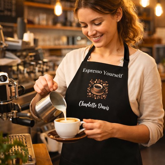 Tablier Barista noir blanc tasse café fèves nom citation