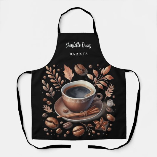 Tablier Barista noir blanc tasse café haricots nom script (Recto)