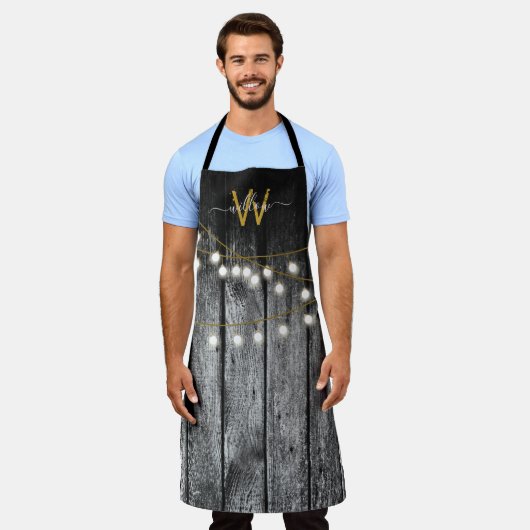 Tablier Barre Rustique Noir Bois Or Chaîne Lumière Monogra (Porté)