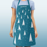 Tablier Bateau à voile Nautique Personnalisé<br><div class="desc">Bateaux à voile courent sur une mer verte turquoise et pétillante. Un design nautique amusant pour tous ceux qui aiment la voile. Art original de Nic Squirrell. Modifiez le nom pour personnaliser.</div>
