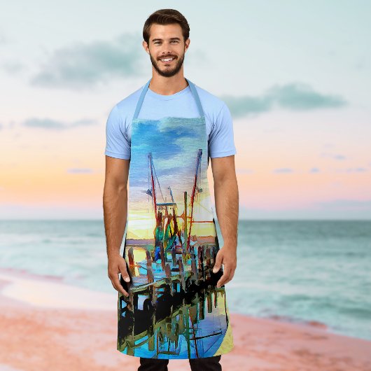 Tablier Bateau de crevettes côtières au coucher du soleil