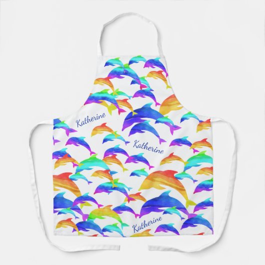 Tablier Beaux dauphins en arc-en-ciel avec prénom (Recto)