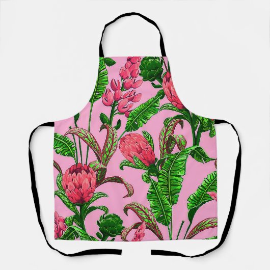 Tablier Beaux Feuilles verts tropicaux aux fleurs rouges | (Recto)