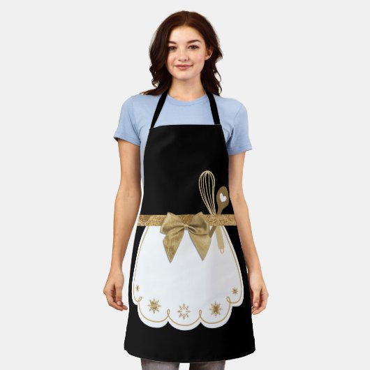 Tablier Black & Gold White Fake Apron Cuisson Whisk & Spoo (Porté)