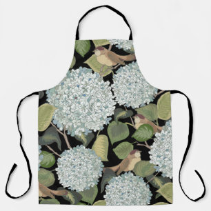 Tablier Blanc, bleu clair Hortensia avec feuilles verts et