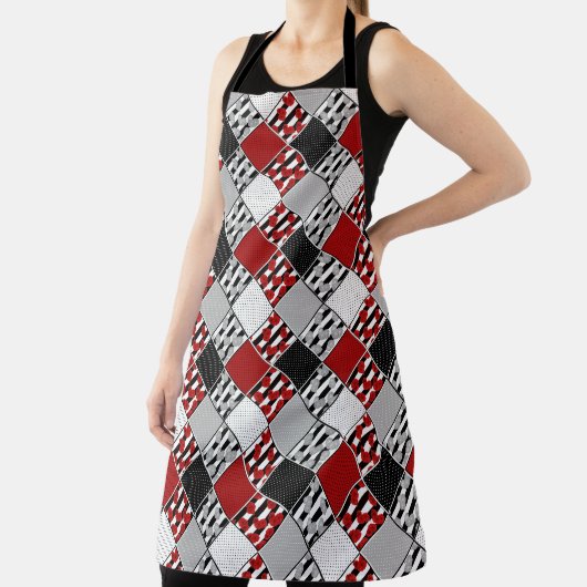 Tablier Blanc noir avec patchwork rétro rouge (Insitu)