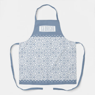 Tablier Blancs bleu poussiéreux motif damassé bordures de
