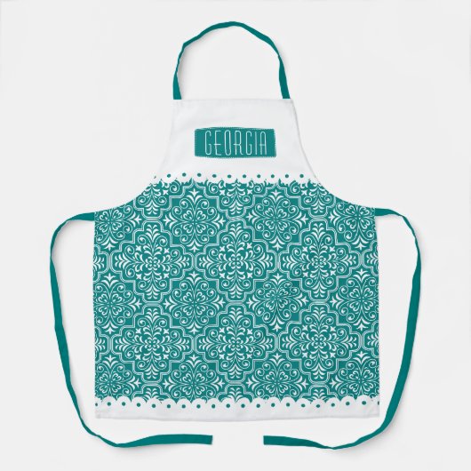 Tablier Blancs, bleu turquoise damassé motif bordures à éc (Recto)