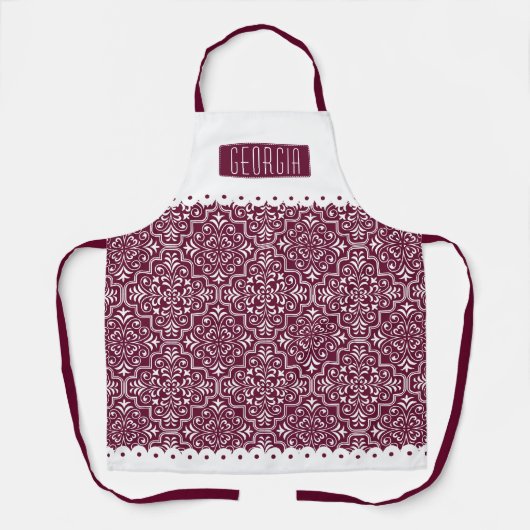 Tablier Blancs, bordeaux damas patron scallopé bordures (Recto)