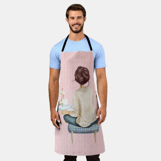 TABLIER BLEU AVEC STOOL FEMME ET PILE DE LIVRES (Porté)