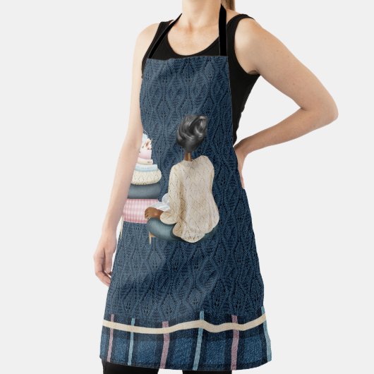 TABLIER BLEU AVEC STOOL FEMME ET PILE DE LIVRES (Insitu)