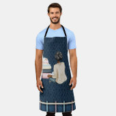 TABLIER BLEU AVEC STOOL FEMME ET PILE DE LIVRES (Porté)