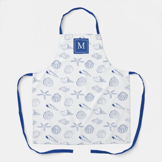 Tablier Bleu blanc Main dessinée Sea Shells Plage Été (Recto)