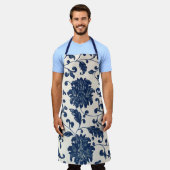 Tablier Bleu botanique vintage + motif floral blanc (Porté)