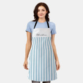 Tablier Bleu et blanc frise avec nom (Porté)