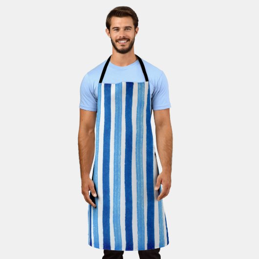 Tablier Bleu et blanc rayures peintes à la main (Porté)