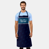 tablier bleu foncé moderne avec nom du chef (Porté)