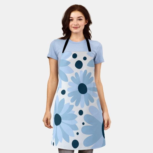 Tablier Bleu marguerite de style rétro et points bleu fonc (Porté)