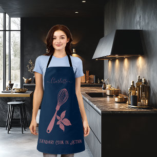 Tablier Bleu marine avec motif de fouet et herbes en or ro