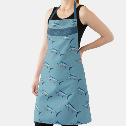 Tablier Bleu Marlin Motif eau salée Poisson Apron Chef (Insitu)