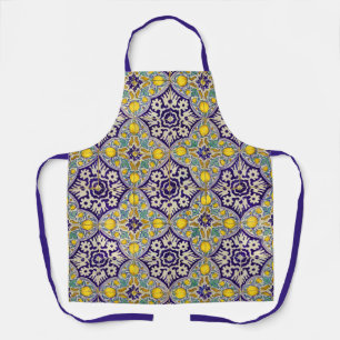 Tablier Bleu Méditerranée Motif Fleurs Jaunes