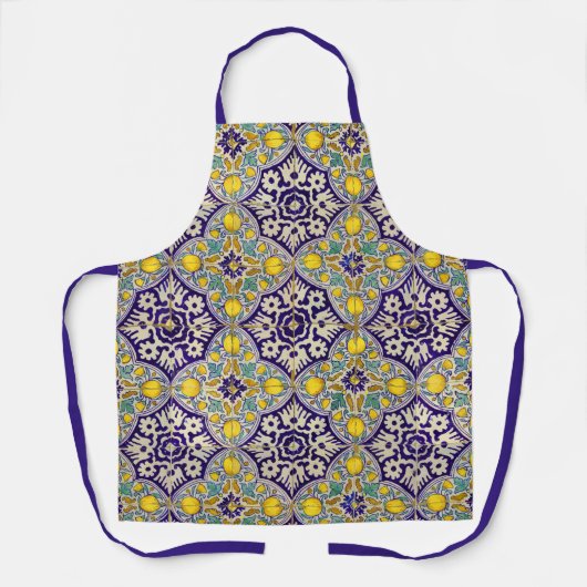 Tablier Bleu Méditerranée Motif Fleurs Jaunes (Recto)