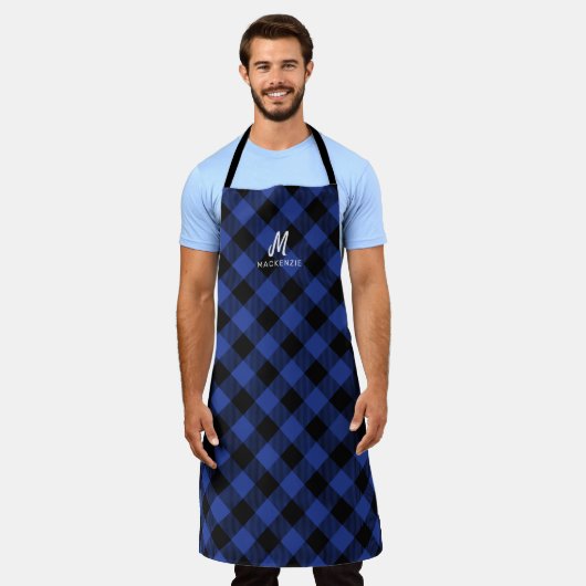 Tablier Bleu Plaid Buffalo Monogramme Nom Cuisine (Porté)