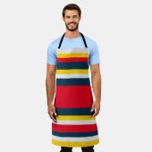 Tablier Bleu rouge rayures jaunes (Porté)