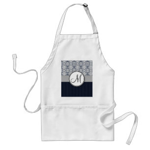Tablier Bleu sur Argent Damask avec Navy Stripes et Monogr