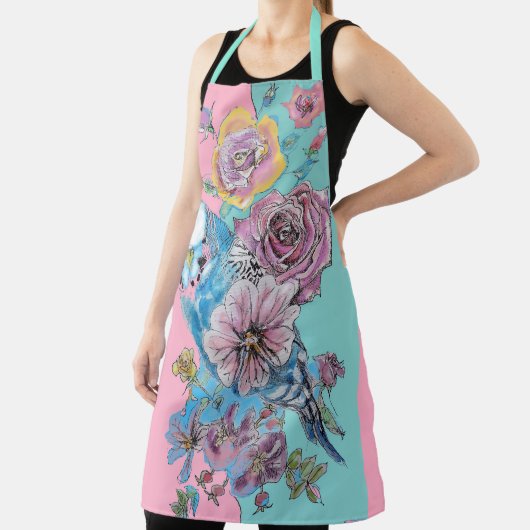 Tablier Blue Budgie Flower Roses Rose floral Cuisine Apron (Insitu)