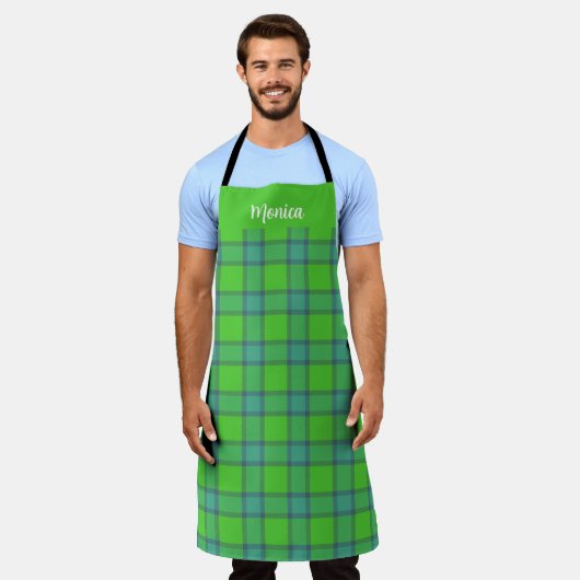 Tablier Blue &green Plaid tartan monogram name (Porté)