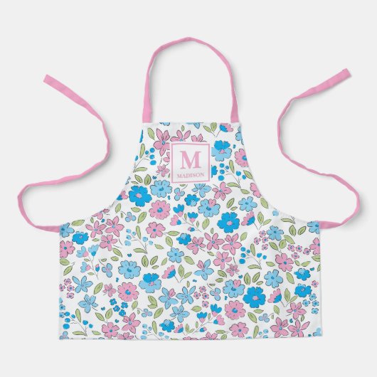 Tablier Blue Pink Floral Monogram Apron (Recto)