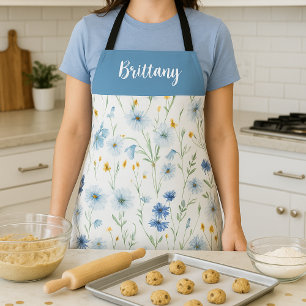 Tablier Blue Purple Aquarelle Fleur sauvage Nom personnali