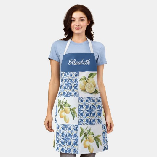 Tablier Blue Tile French Country Lemon Custom Name (Porté)